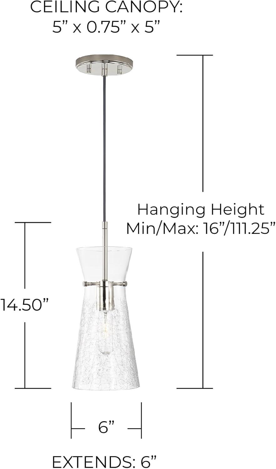 Capital Lighting 342411PN Mila Modern Clear Half-Crackle Glass Pendant Light Fixture, 1-Light 100 Watt, 15" H x 6" W, Polished Nickel