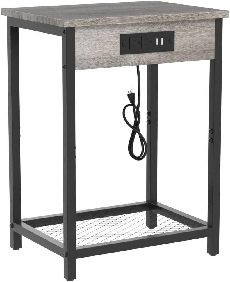 Ash Grey Industrial Nightstands with USB Ports and Outlets, Set of 2