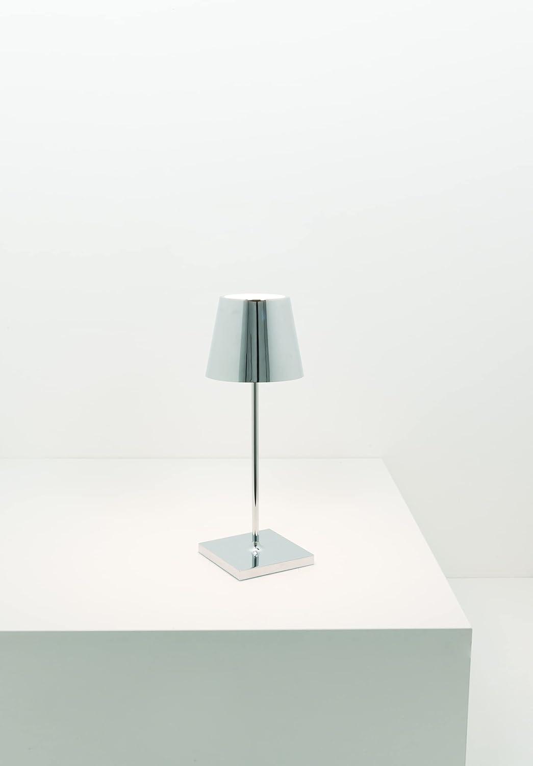 Zafferano Poldina Pro Mini Table Lamp Color: Glossy Chrome in Aluminum, IP54 Protection, Contact Charging Base Included, 11, USA Plug