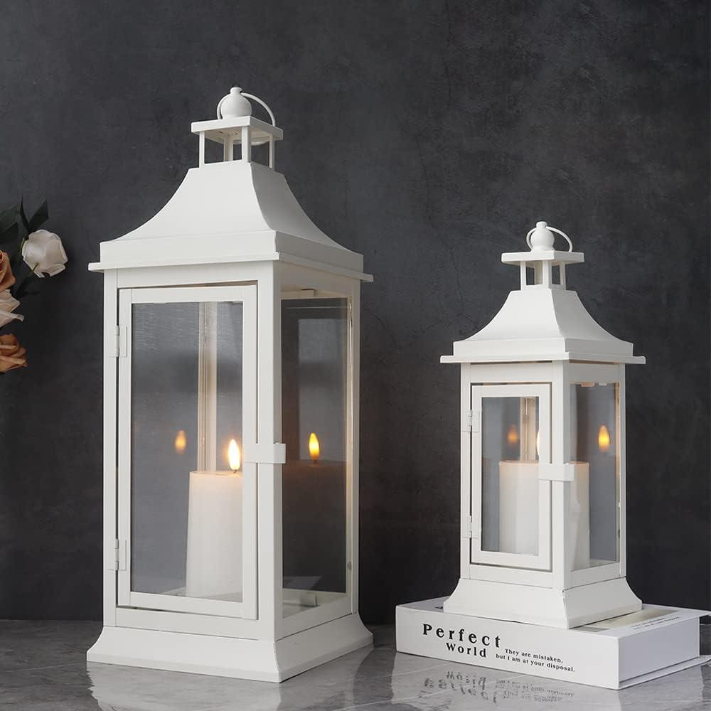 White Metal and Glass Tabletop Hanging Candle Lantern Set