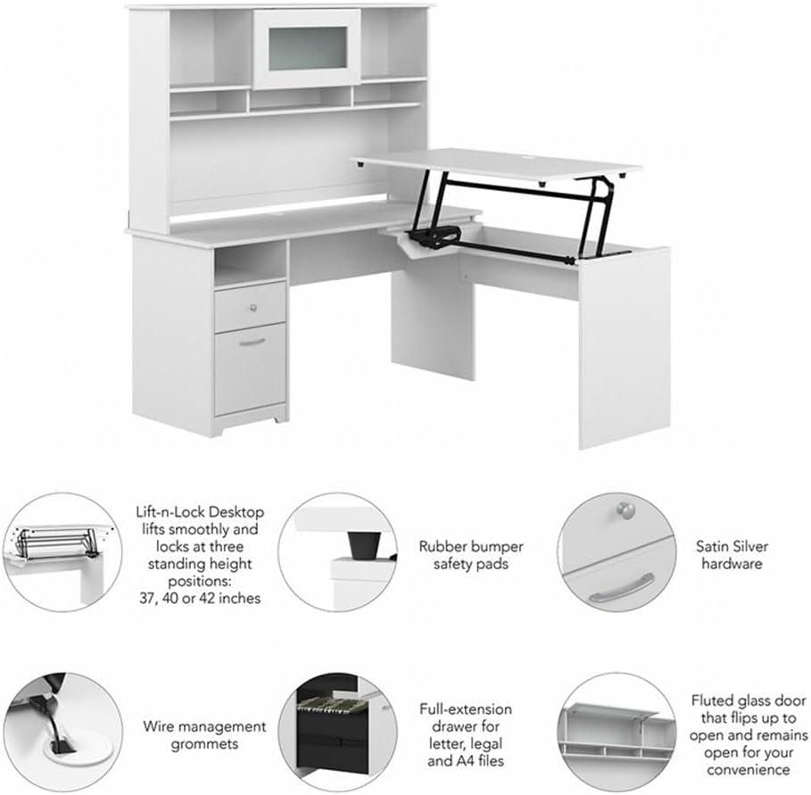 Cabot 60W Sit to Stand L Desk with Hutch in White - Engineered Wood