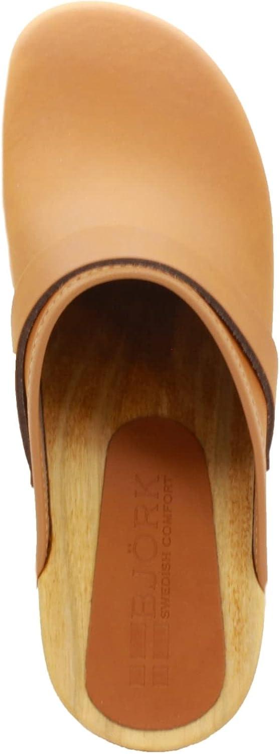 Cognac Genuine Leather Women's Casual Clogs with Wood Outsole