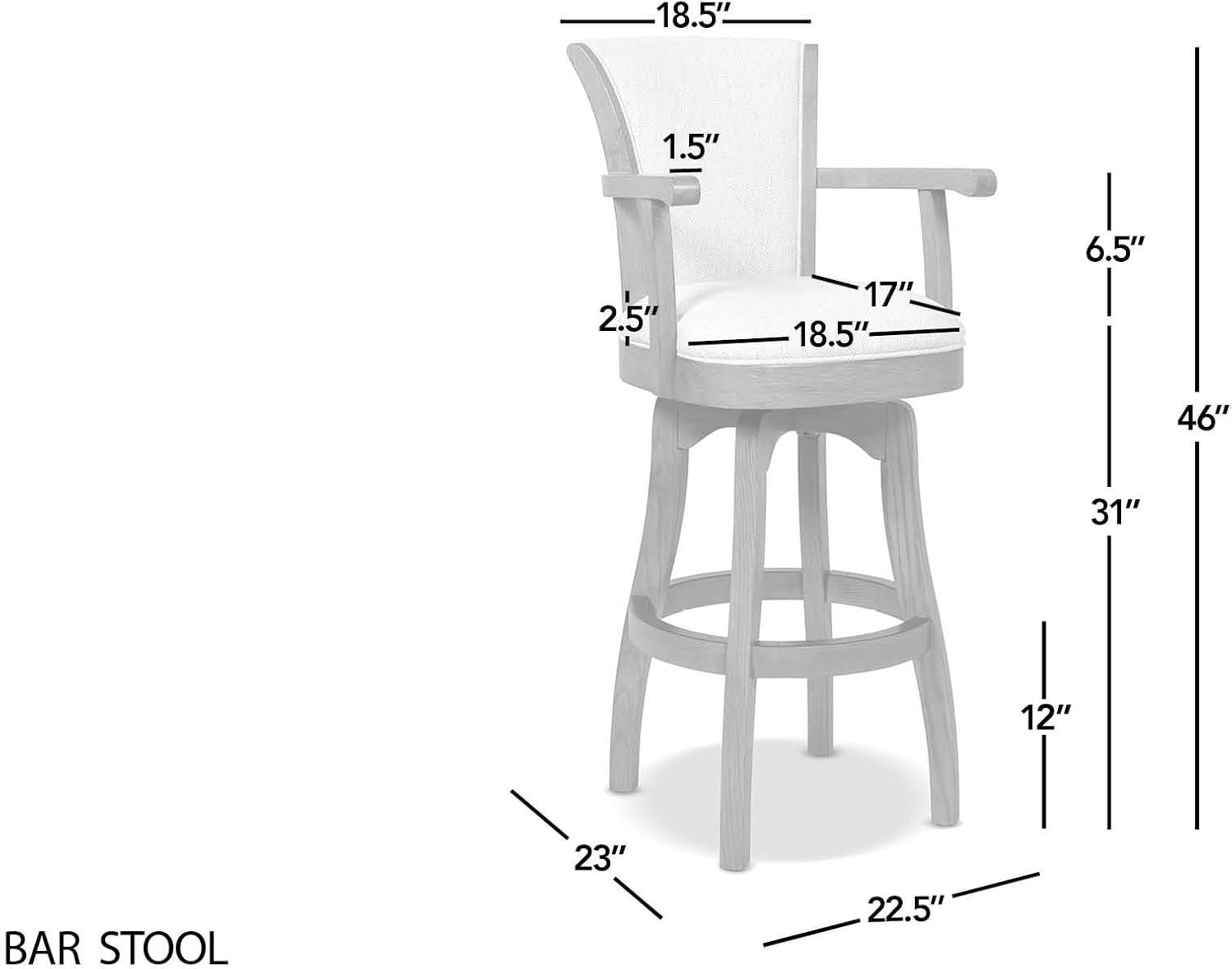 Distressed Wood Swivel Bar Stool with Gray Leather Cushion and Armrests