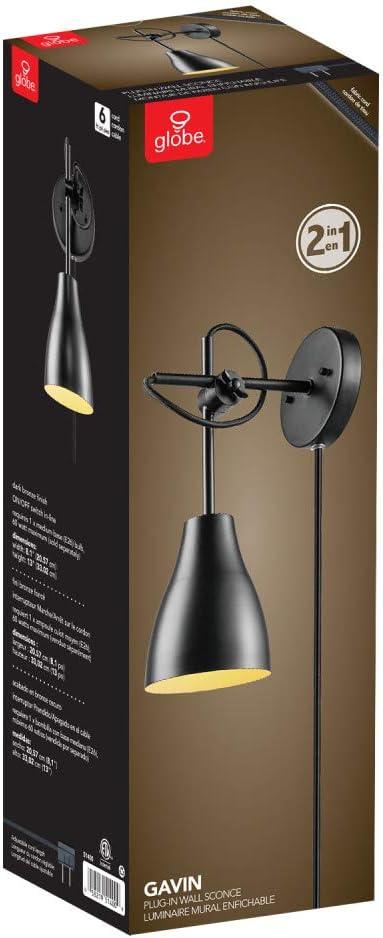 1-Light Plug-in or Hardwire Balance Arm Wall Sconce, Dark Bronze, 6ft Black Fabric Covered Cord, Inline On/Off Rocker Switch, Bulb Not Included