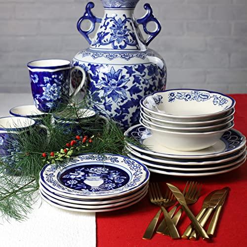 Euro Ceramica Blue Garden 16-Piece Hand-Painted Dinnerware Set- New