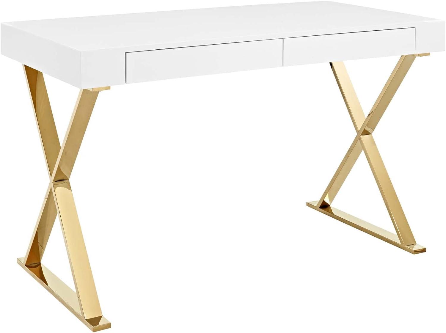 White and Gold X-Base Writing Desk with Drawer