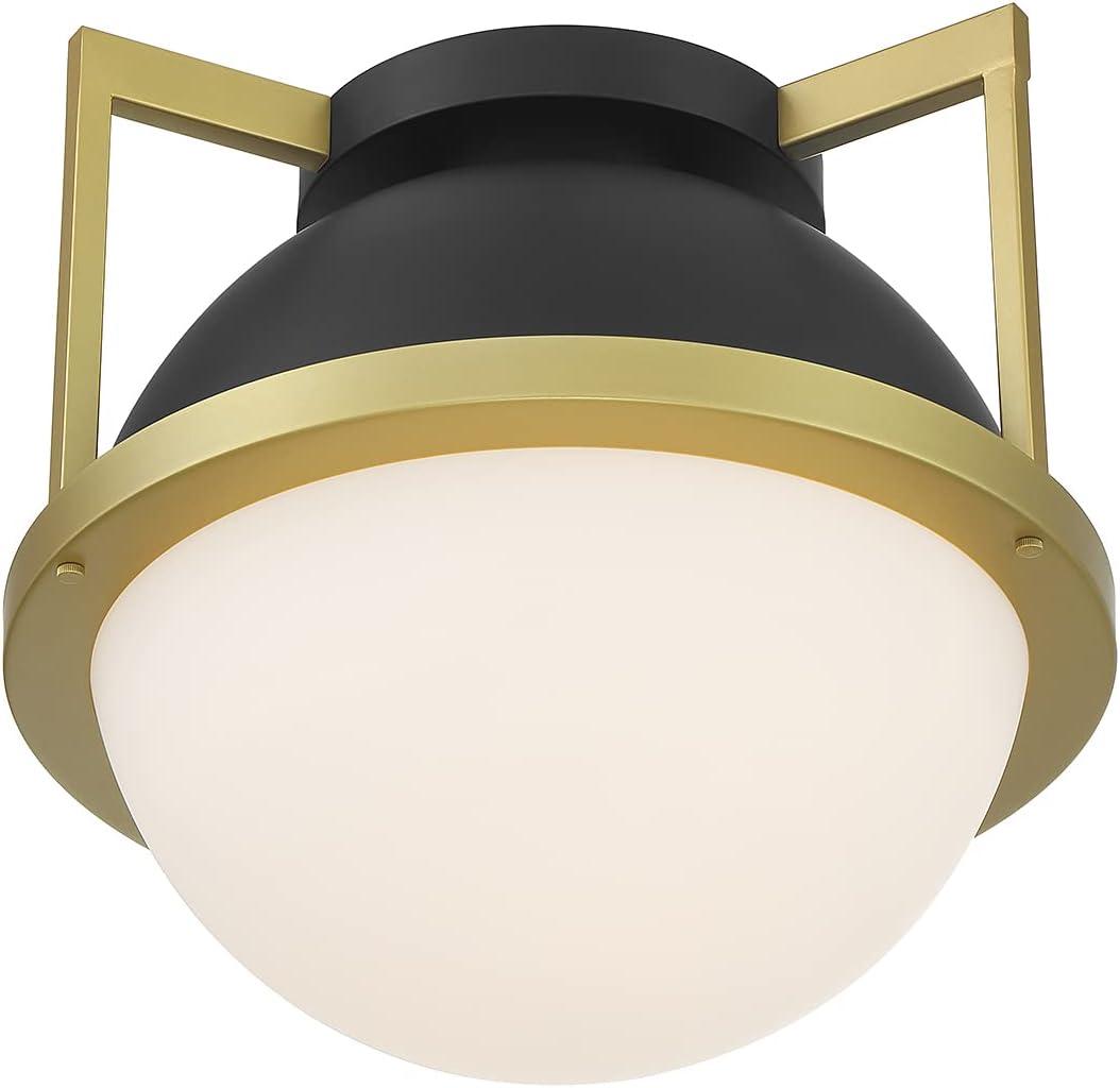 Matte Black and Warm Brass Globe Ceiling Light with Opal Glass Shade