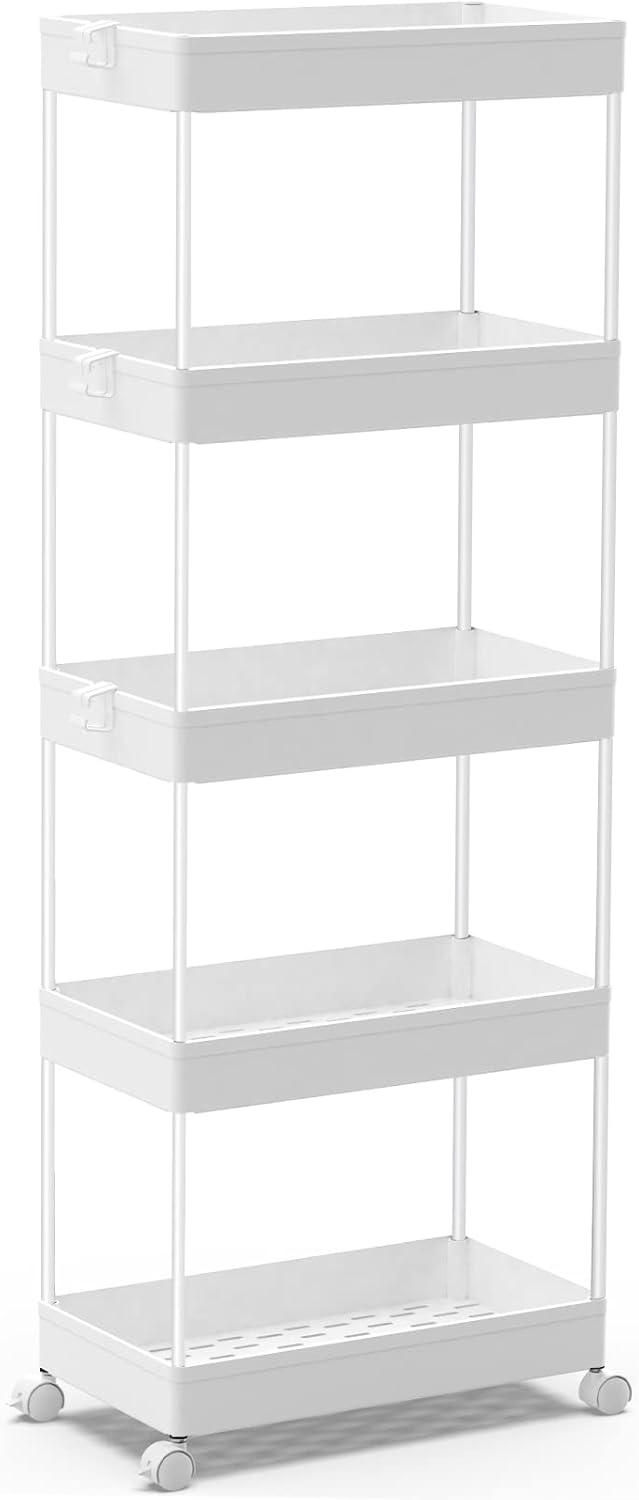 White 5-Tier Rolling Utility Storage Cart with Adjustable Shelves