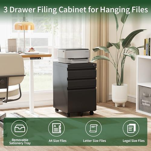 MIIIKO File Cabinet 3 Drawers on Wheels Under Desk, Black Metal Rolling File Cabinets with Lock for Home Office, Un-Assembled Filing Cabinet with Lock