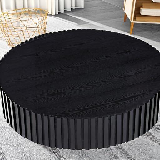 LUMISOL Round Coffee Table for Livng Room, Modern Handcraft Drum Center Table with Sturdy Pedestal, Fluted Circle End Table for Office, Apartment, Small Space, Black