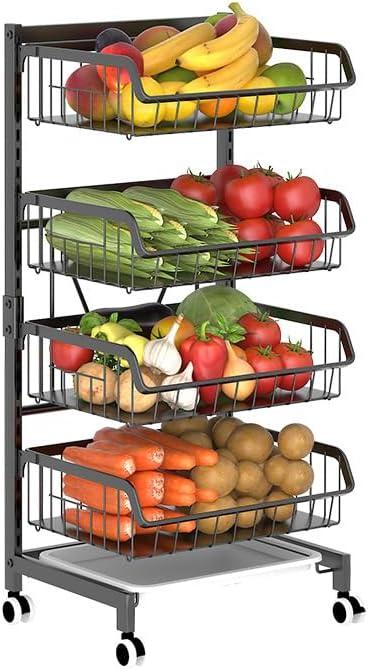 Sensch 4 Tier Fruit Basket Kitchen Organizers and Storage-Wooden Top Table, Rolling Utility Storage Cart, Black