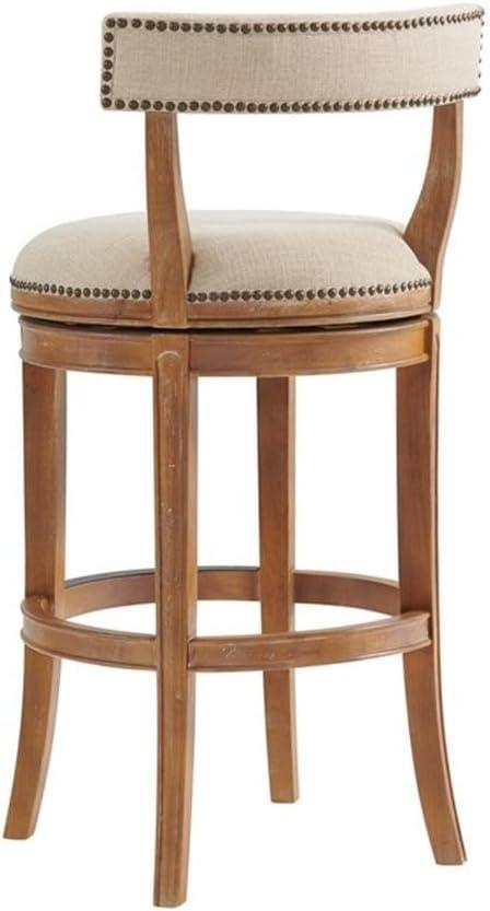 Alaterre Hanover Swivel Bar Height Stool, Weathered Brown and Beige, Solid Rubberwood Frame with Faux Linen Upholstered Seat, Nailhead Trim, Memory Return Swivel, 20 in. W x 22 in. D x 41 in. H