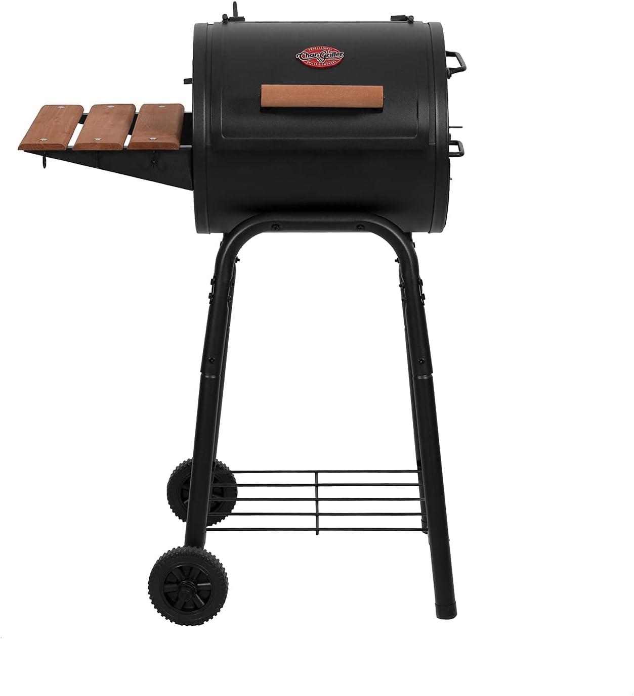 Black Barrel Charcoal Grill with Wood Shelf and Cast Iron Grates