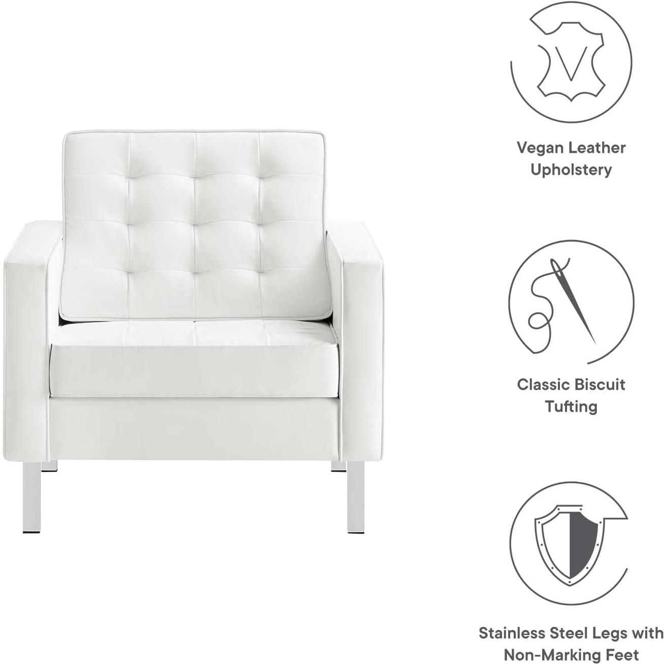 Modway Loft Tufted Vegan Leather Upholstered Living Room Armchair in Silver White