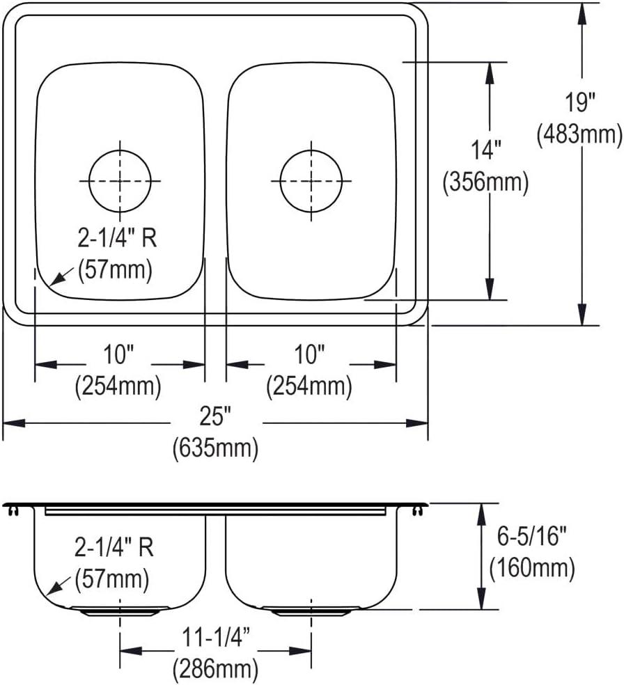 25" x 19" Stainless Steel Double Bowl Drop-In Sink