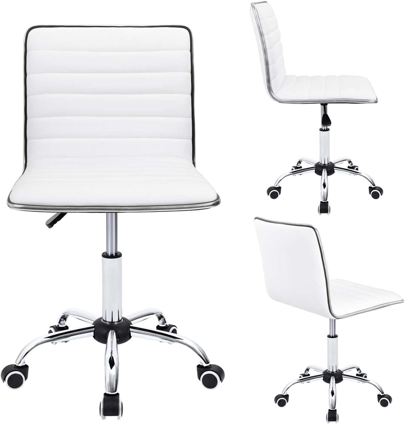 Furmax Leather Swivel Office Chair - Mid Back Vanity Chair for Makeup Desk, Armless Ribbed Task Chair with Ergonomic Support (White)