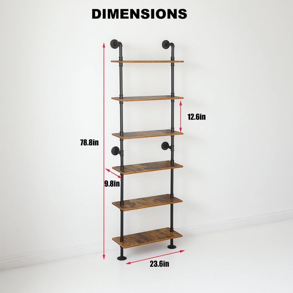 5 Shelf Industrial Pipe Shelving, Black Modern Bookcase Bookshelf, Wall Mount Ladder Shelf with Metal Frame Display Selves