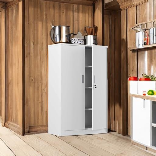 Metal Storage Cabinets with Shelves and Doors, Sideboard Buffet Cabinet for Kitchen, Entryway, Living Room, Home Office, Garage, Utility Room and Basement, 36.2" H x 31.5" W x 15.7" D (White)