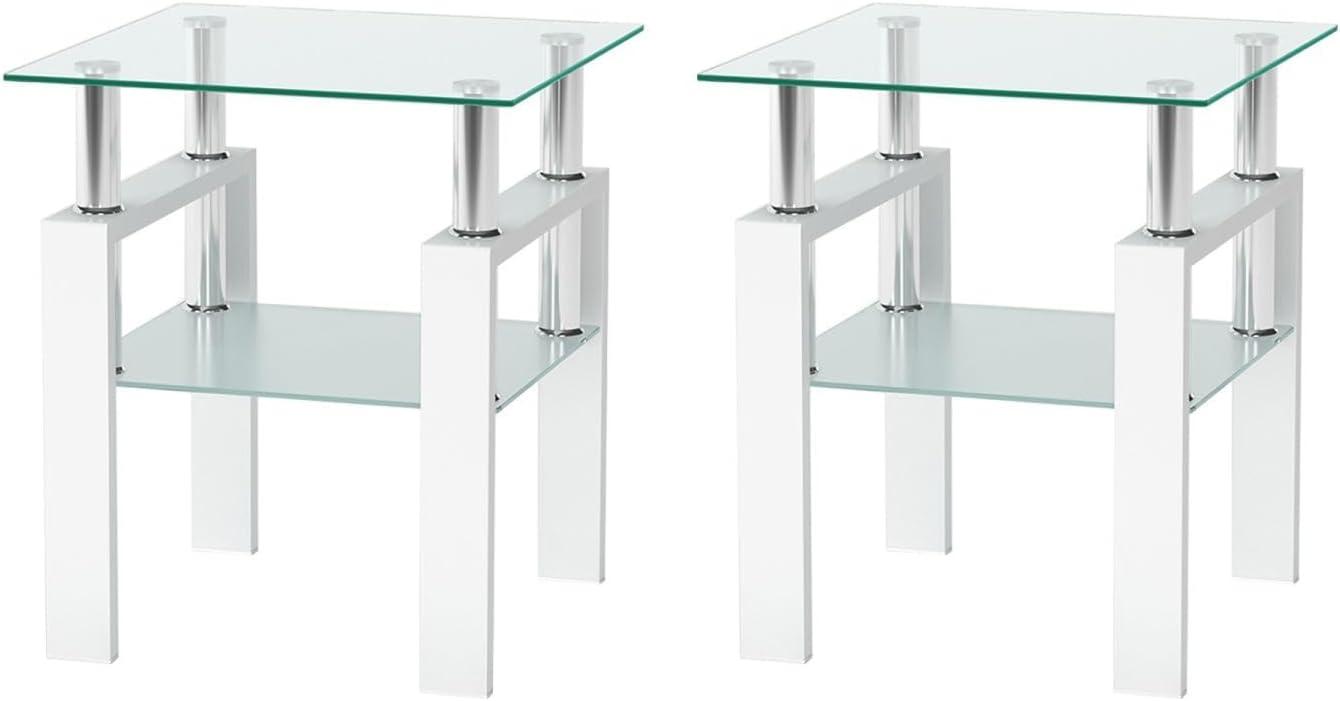 2-Tier Tempered Glass End Table Set of 2, Modern Sofa Side Table with Open Storage Shelf, Steel Pipe and Metal Legs, Square Tea Table, Glass Nightstand for Living Room Bedroom Office, White