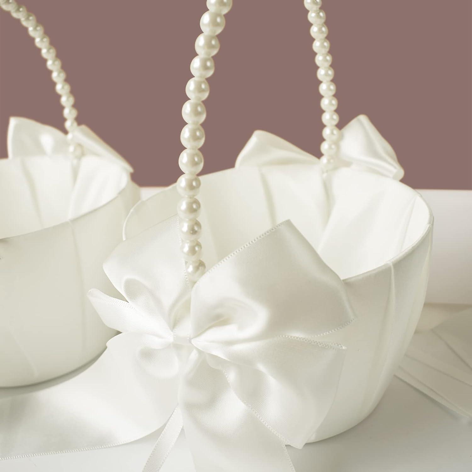 2 PCS Flower Girl Baskets Set- Cute Cherish Wedding Flower Baskets (Ivory)