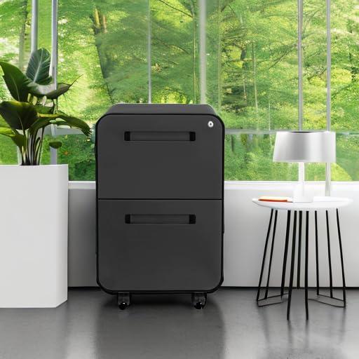 Laura Davidson Furniture Stockpile 2 Drawer Mobile File Cabinet with Lock - Under Desk Metal Filing Cabinet, Legal/Letter File Folders, Wheels and Stationary Feet, Pre-Assembled, Black/Wood