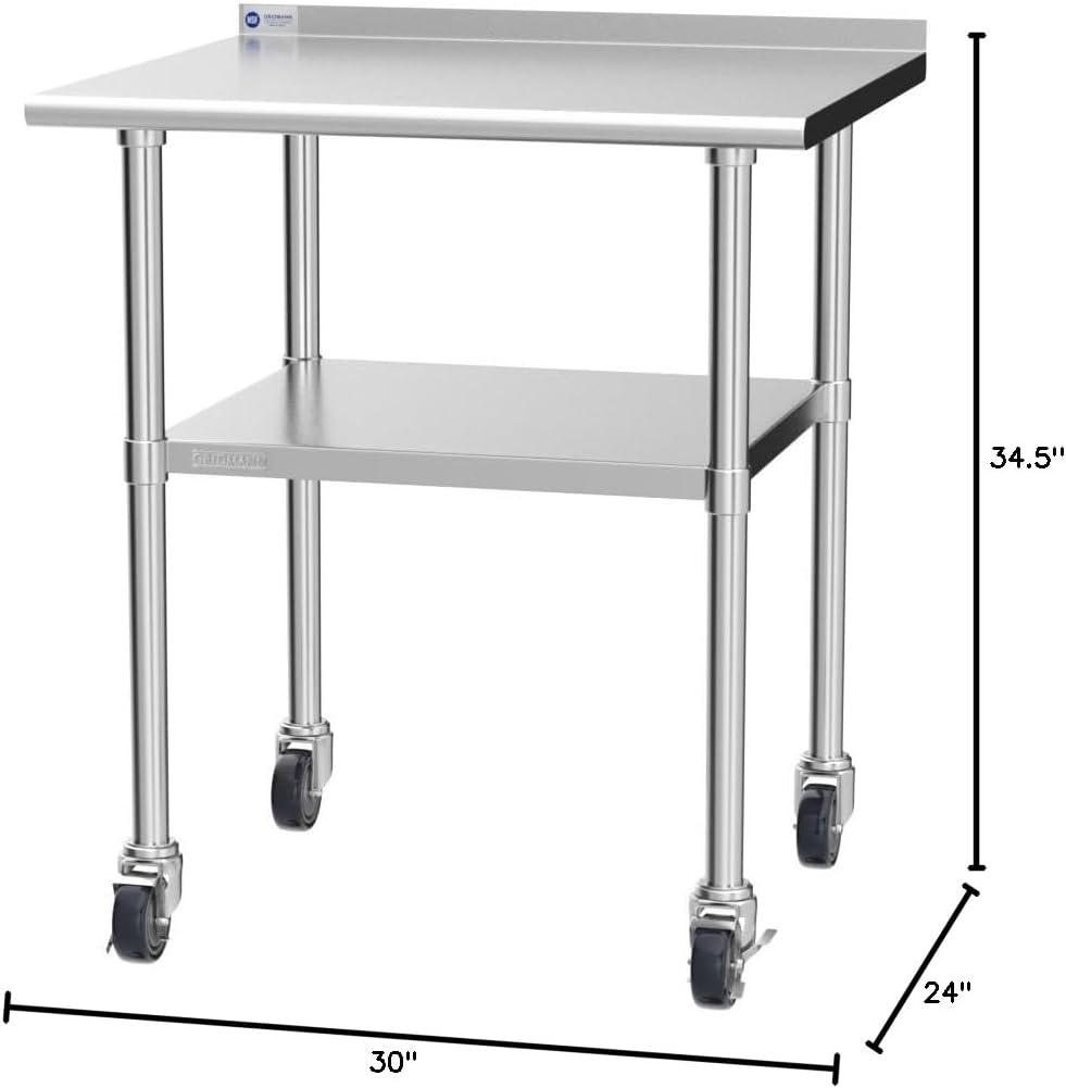 24" W x 39.5" H Stainless Steel Prep Table with Backsplash, Undershelf, and Caster Wheels