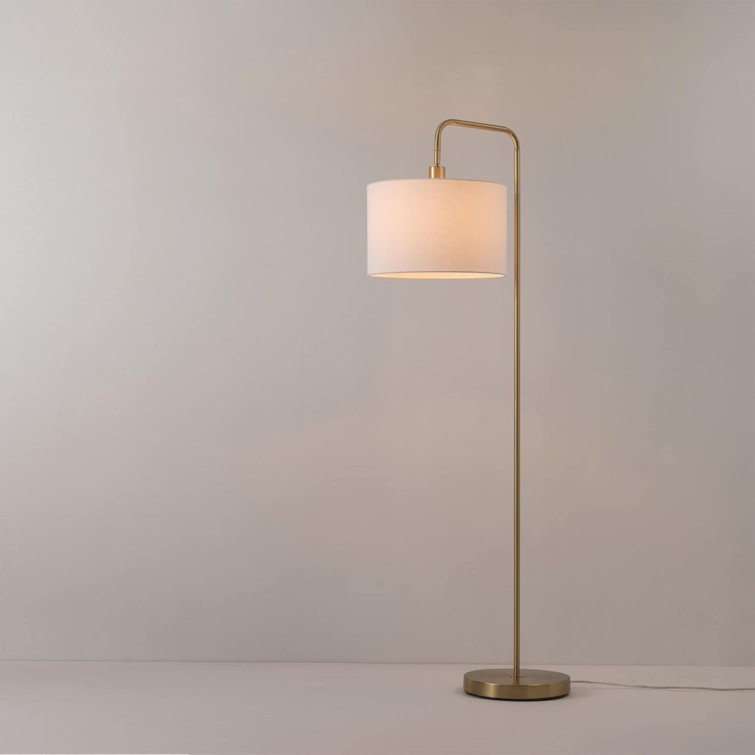 58" Brass Floor Lamp with White Linen Drum Shade