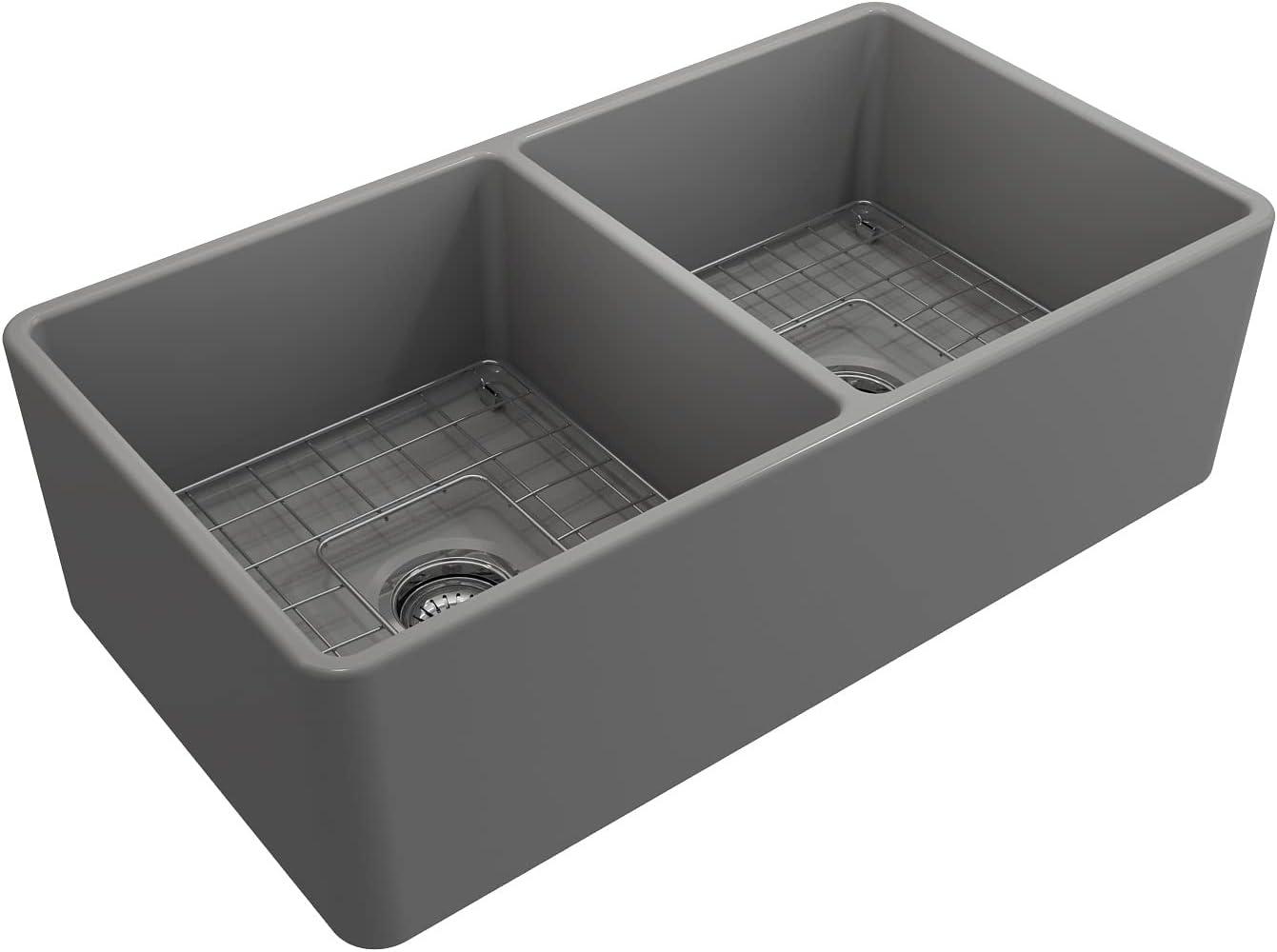 Matte Gray Fireclay Double Bowl Farmhouse Kitchen Sink