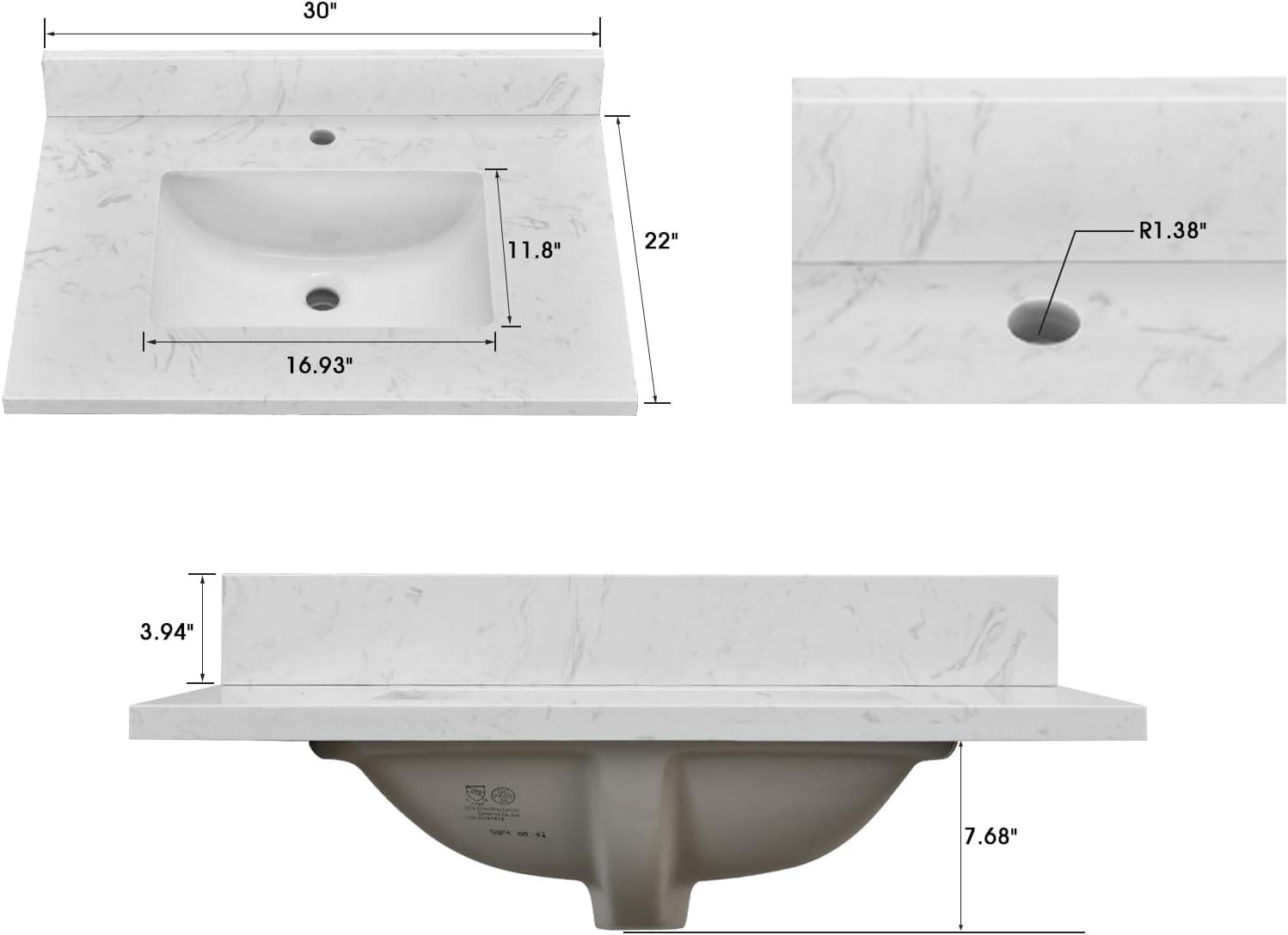 30 in. White Engineered Stone Vanity Top with Rectangular Sink