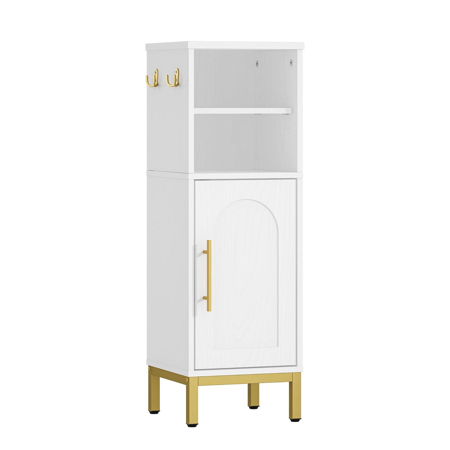 Bathroom Storage Cabinet, Corner Floor Cabinet with Door & Shelves, 2Hooks, Small Narrow Storage Organizer, Toilet Paper Cabinets for Small Space, White SC06313G