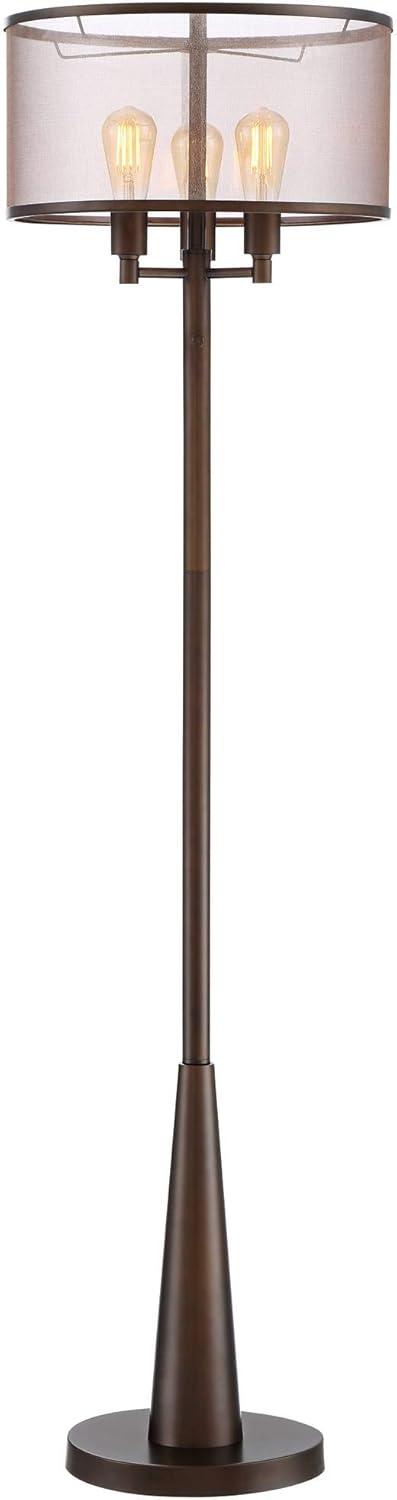 Franklin Iron Works Durango Rustic Farmhouse Floor Lamp 62" Tall Oiled Bronze Metal 3 Light LED Brown Sheer Drum Shade for Living Room Bedroom Office