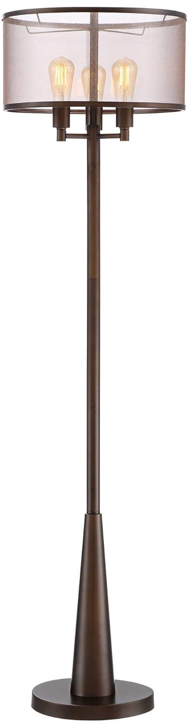 Franklin Iron Works Durango Rustic Farmhouse Floor Lamp 62" Tall Oiled Bronze Metal 3 Light LED Brown Sheer Drum Shade for Living Room Bedroom Office