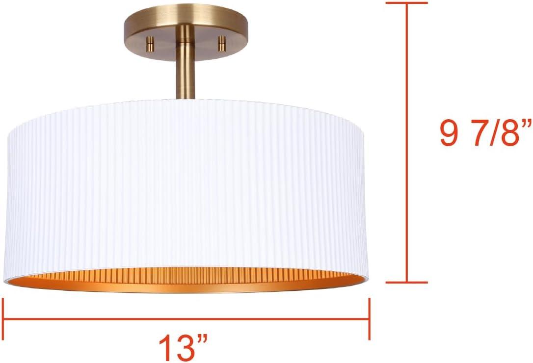 REXTON 13 in. 2-Light 60-Watt Contemporary Matte White Semi- Flush Mount with Matte White with Gold Metal Shade