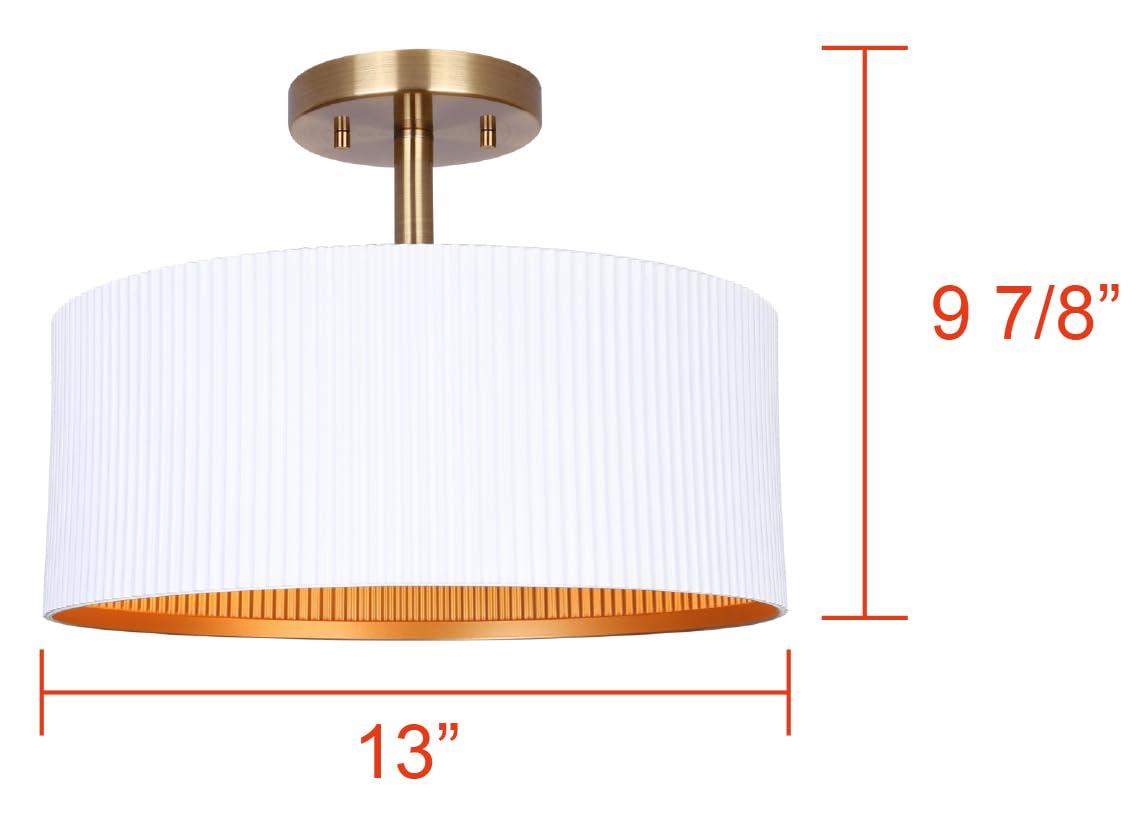 REXTON 13 in. 2-Light 60-Watt Contemporary Matte White Semi- Flush Mount with Matte White with Gold Metal Shade