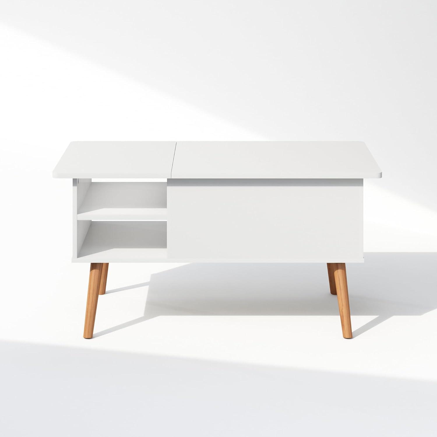 Furinno Jensen Wooden Leg Lift Top Coffee Table With Hidden Compartment and Side Open Storage Shelf for Living Room, Solid White