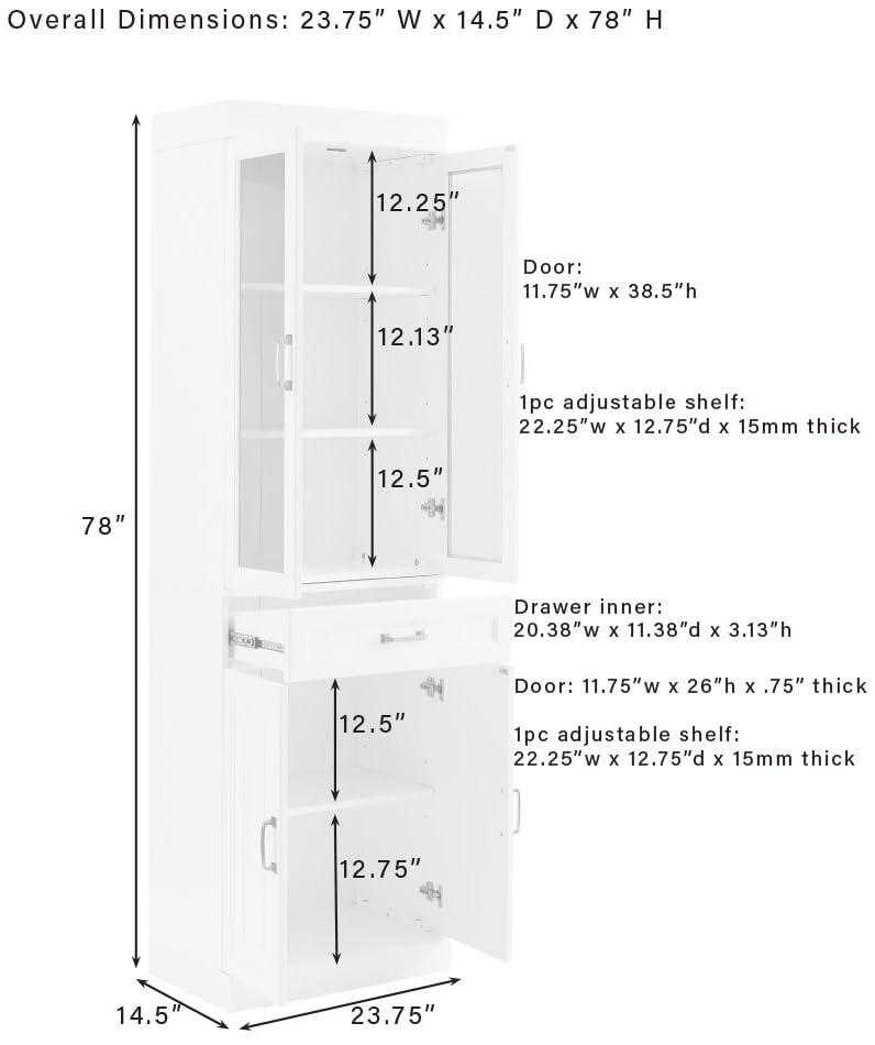 Crosley 78" Stanton Glass Door Kitchen Storage Pantry Cabinet Coffee: Traditional Style, Adjustable Shelves