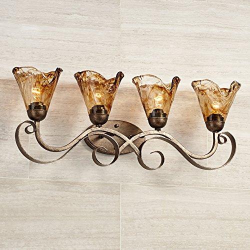 Franklin Iron Works Amber Scroll Rustic Wall Light Golden Bronze 29 1/2" Art Glass Fixture for Bedroom Bathroom Vanity Reading Living Room Hallway