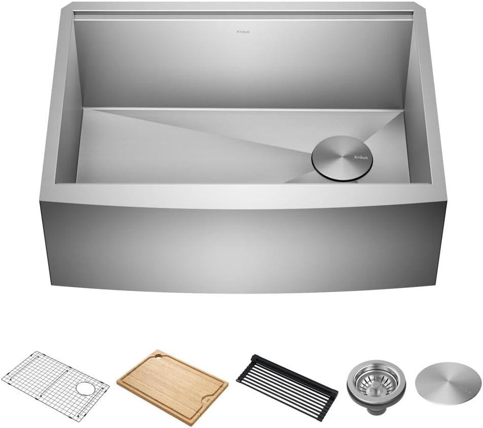 KRAUS Kore™ 27" L Farmhouse Apron Front Workstation 16 Gauge Stainless Steel Single Bowl Kitchen Sink with Accessories