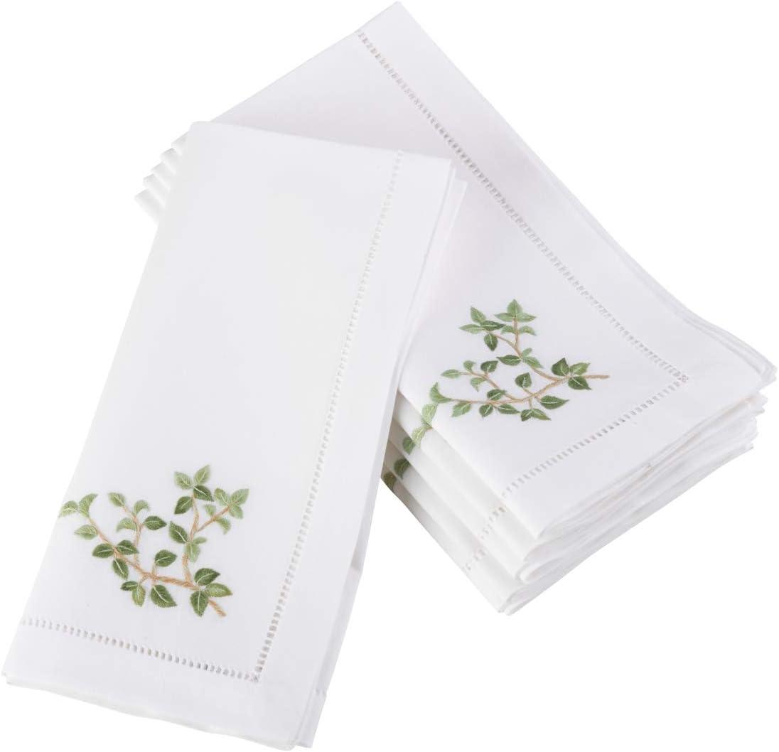 White Cotton Napkins with Embroidered Oregano Design, Set of 6