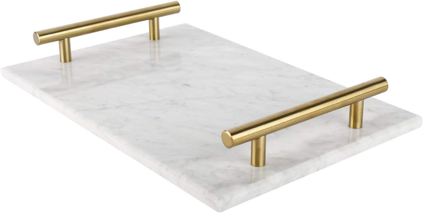 White Marble Rectangular Tray with Gold Metal Handles