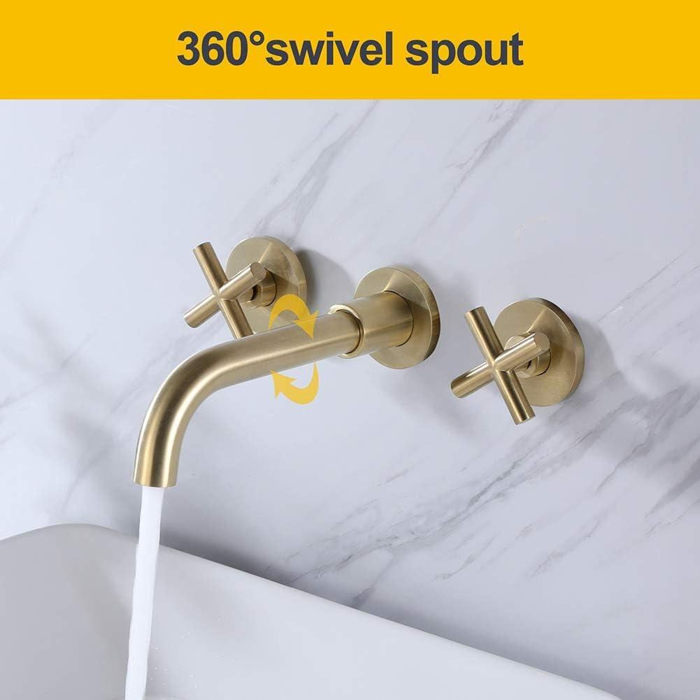 Brushed Gold Wall Mounted Bathroom Faucet with Dual Cross Handles