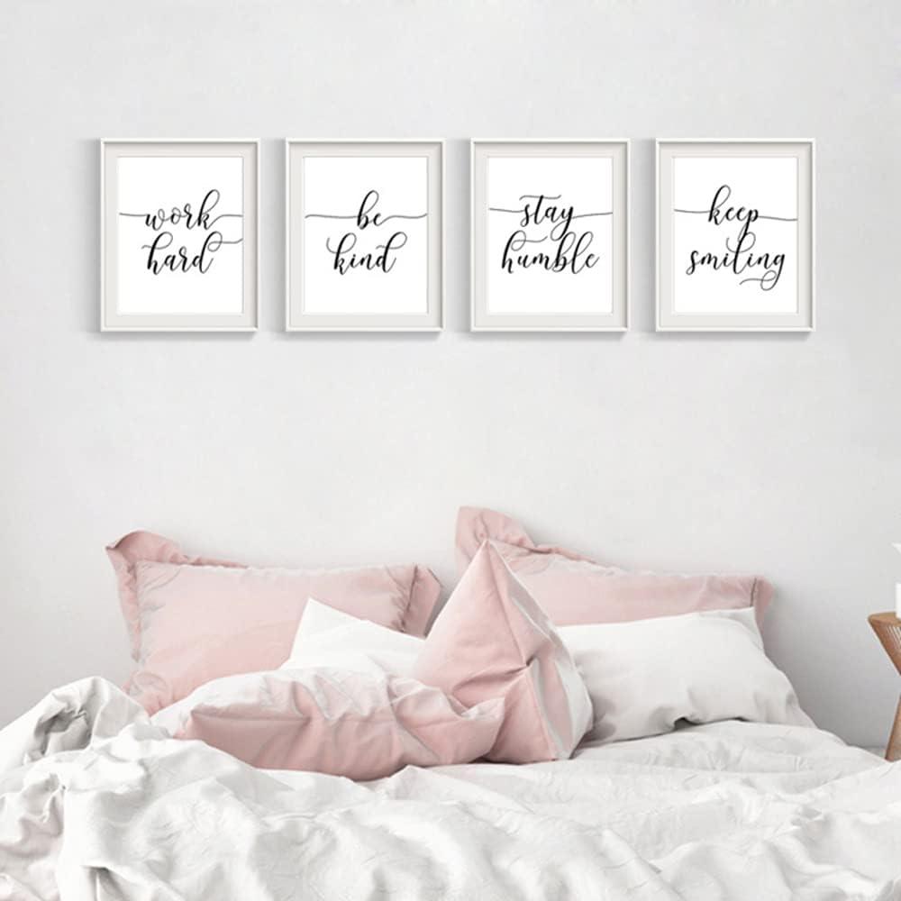 Work Hard. Be Kind. Stay Humble. Keep Smiling. Black and White Minimalist Motivational Wall Art. 4 Set (8 x 10). Unframed.