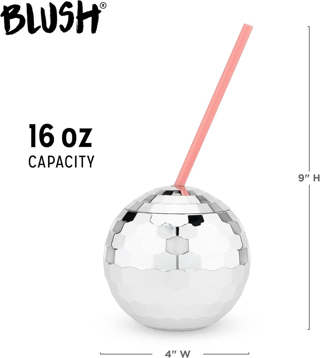 Blush Silver Disco Ball Cup with Straws for Parties - 16 Ounce Cute Sparkly Glitter Cocktail Disco Ball Drink Tumbler, Party Supplies