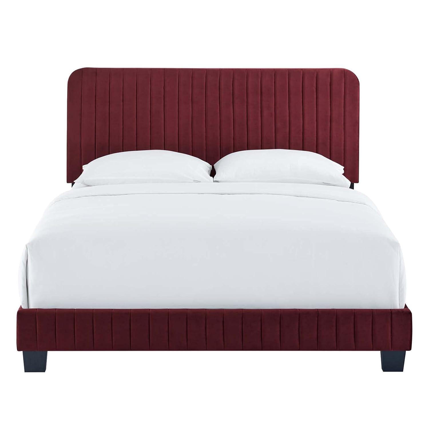 Modway Celine Channel Tufted Performance Velvet King Platform Bed in Maroon