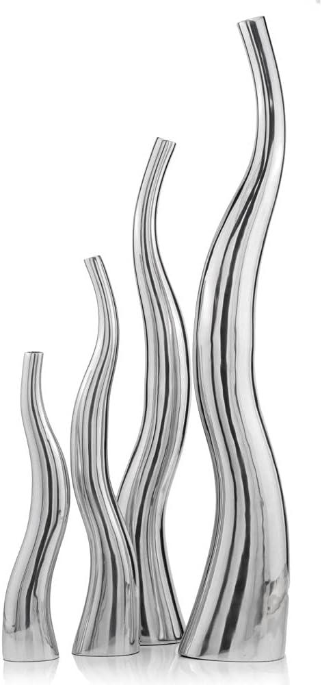 Modern Day Accents Curva Tall Set of 2, Silver, Aluminum, Contemporary, Modern, Wiggly, Popular, Glam, Floor Standing, Lg 6 32, Sm Vase: 5‚Äù x 3.5‚Äù x 24