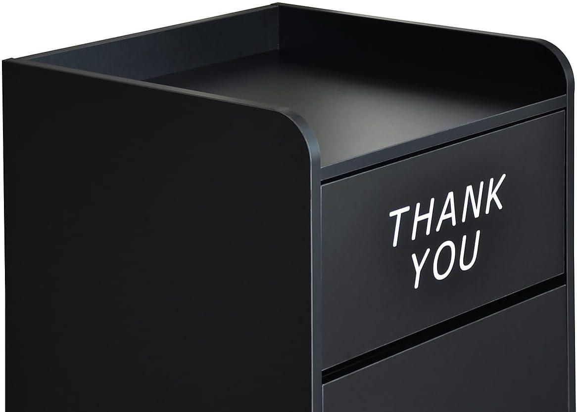 Black Wood Tray Top Trash Receptacle with Thank You Text