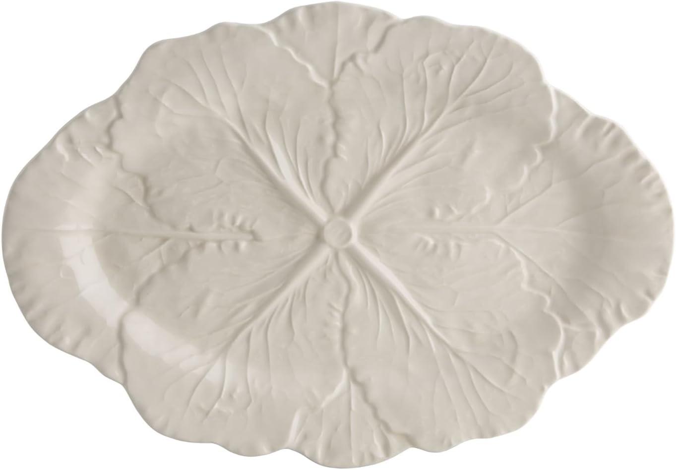 Beige Ceramic Cabbage Leaf Oval Platter 15.5"