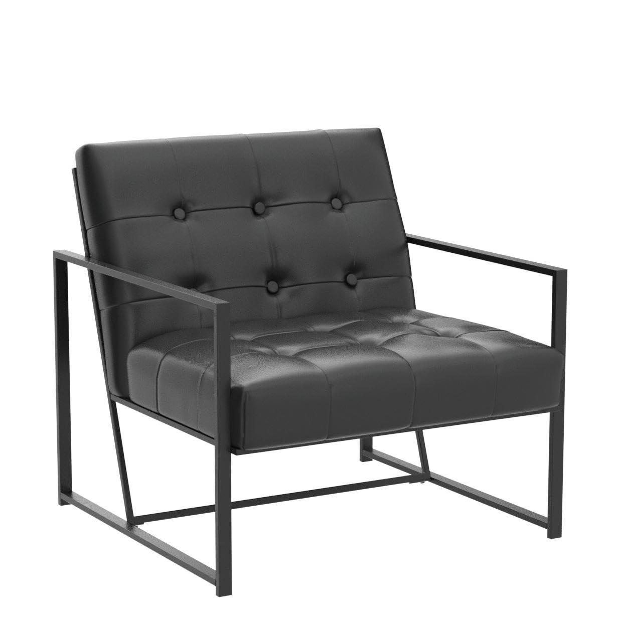 Glitzhome 31.50"H Accent Arm Chair PU Leather Button-tufted Ergonomic Chair with Black Metal Frame for Living Room Bedroom