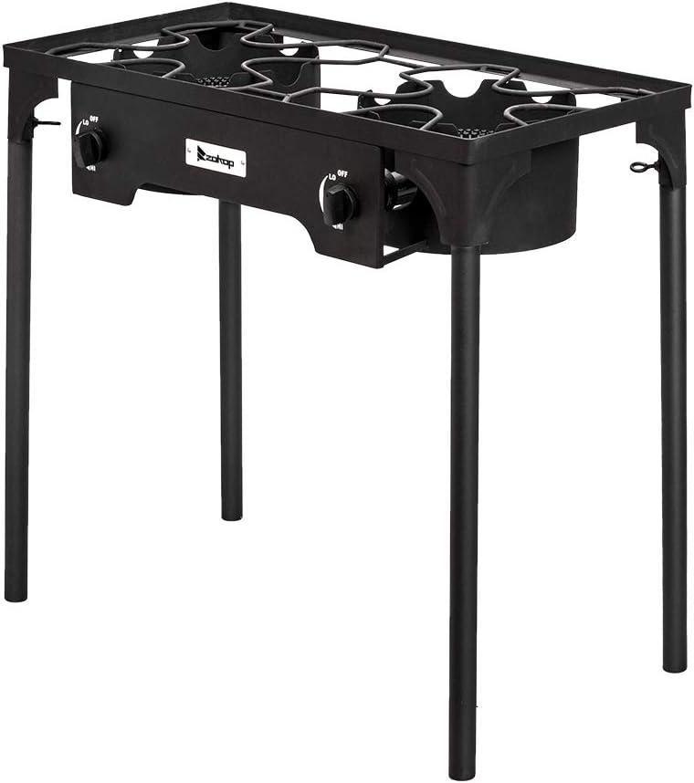 Hassch Outdoor Camp Stove Propane Gas Cooker Portable Cast Iron Patio Cooking Burner (Double Burner 150000-BTU), Black