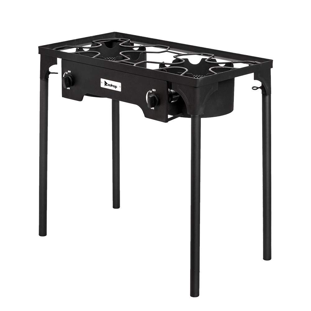 Hassch Outdoor Camp Stove Propane Gas Cooker Portable Cast Iron Patio Cooking Burner (Double Burner 150000-BTU), Black